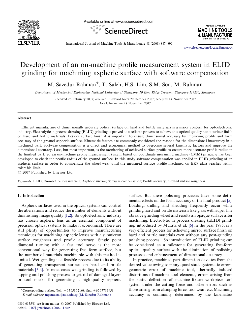 Development of an on-machine profile measurement system in ELID grinding for machining aspheric surface with software compensation