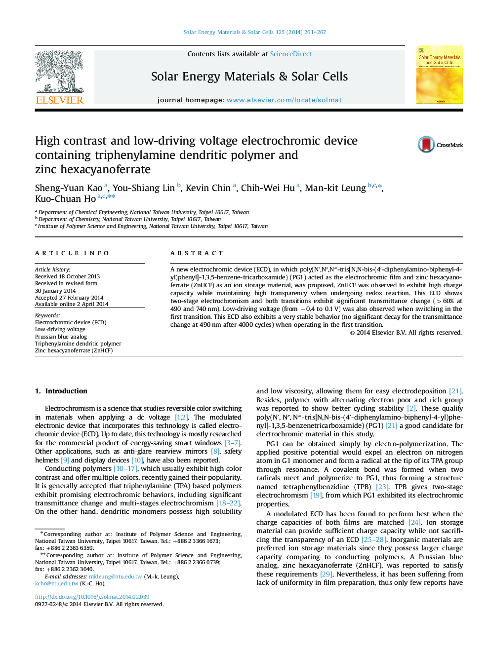 High contrast and low-driving voltage electrochromic device containing triphenylamine dendritic polymer and zinc hexacyanoferrate