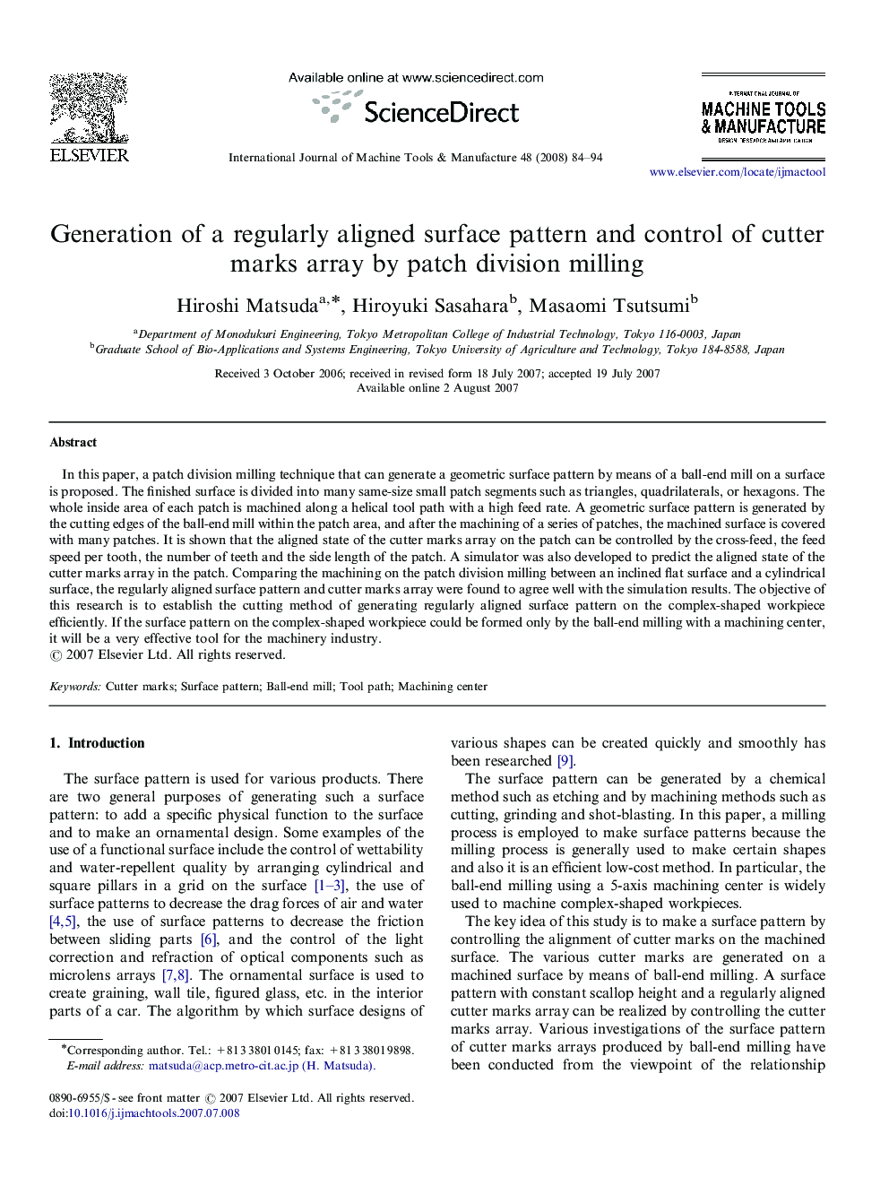 Generation of a regularly aligned surface pattern and control of cutter marks array by patch division milling