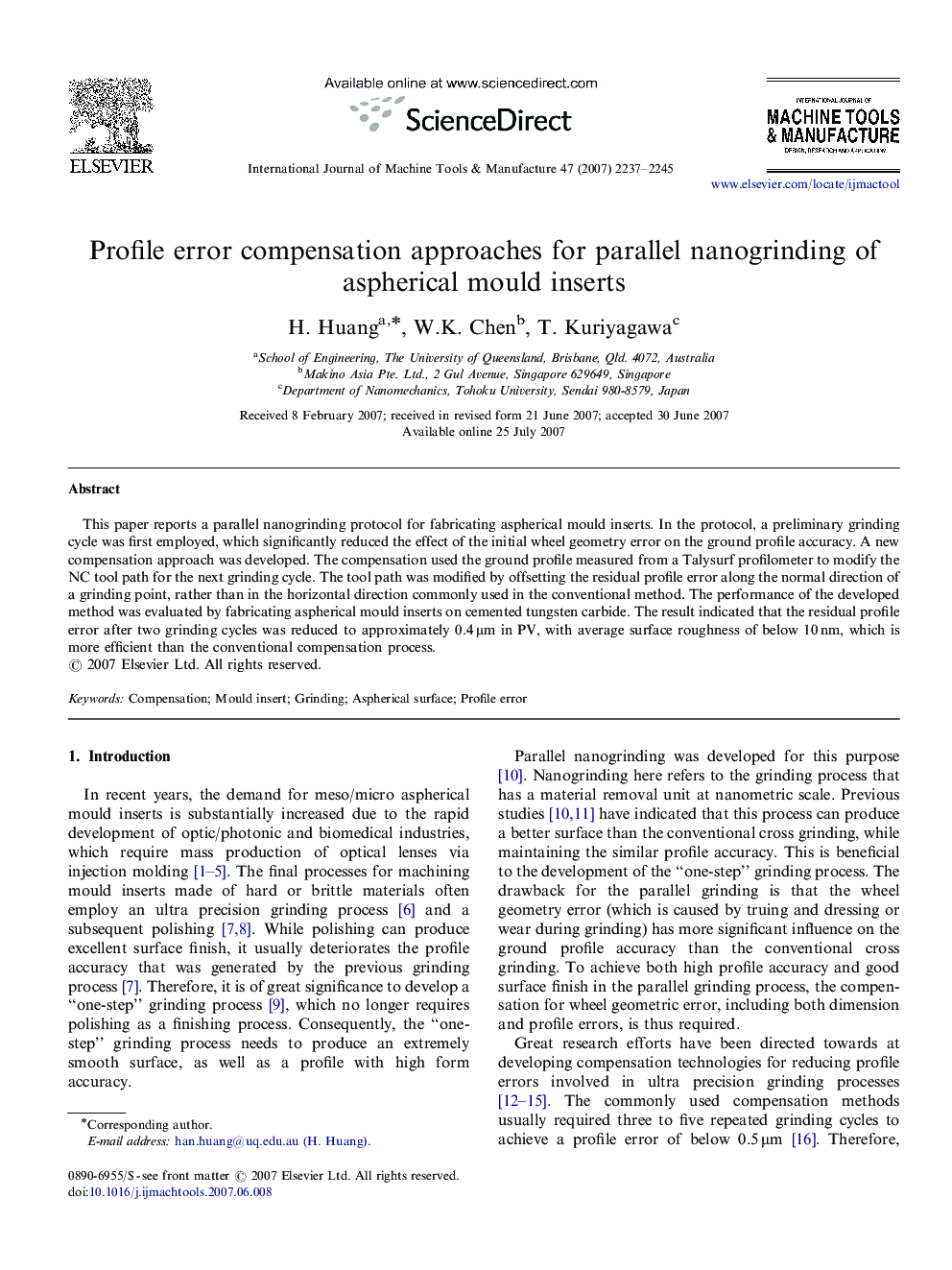 Profile error compensation approaches for parallel nanogrinding of aspherical mould inserts