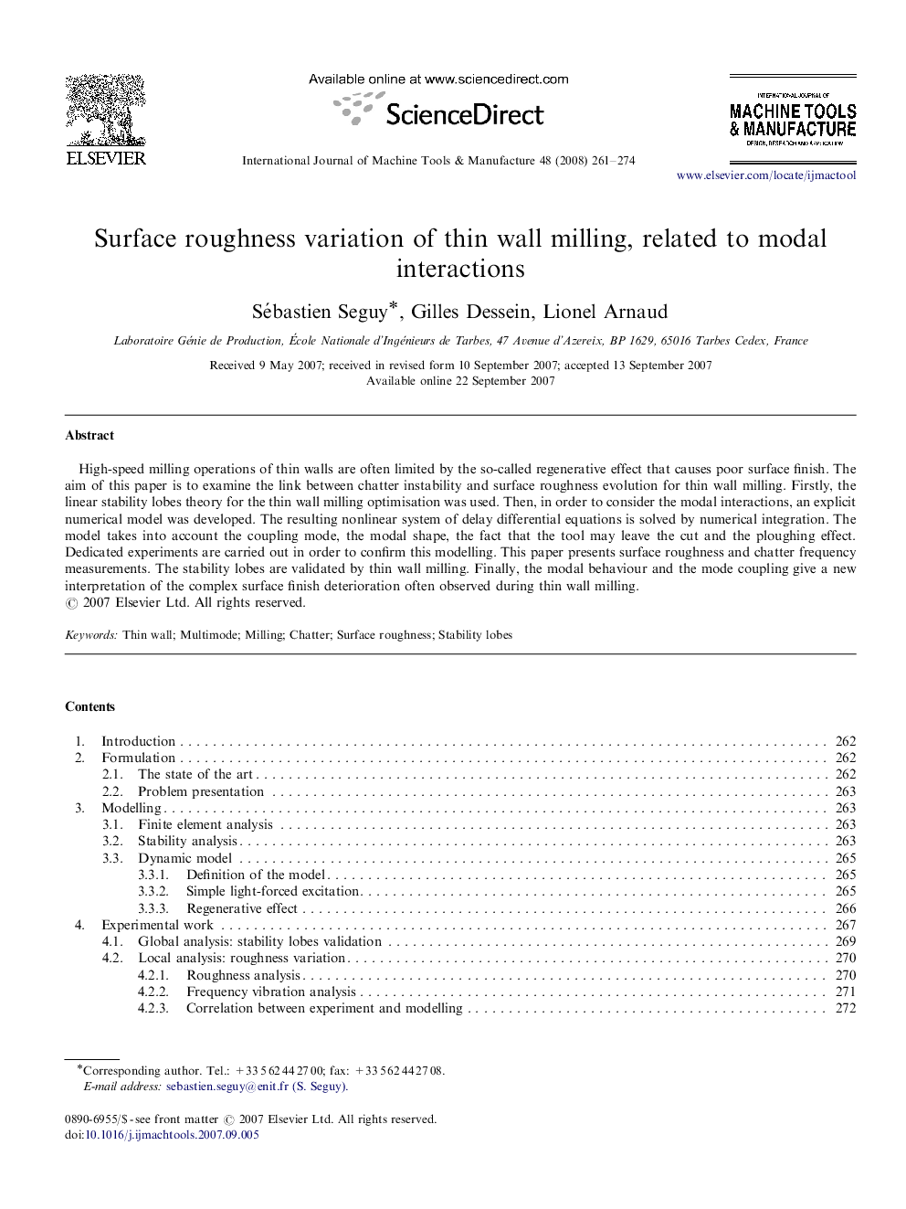 Surface roughness variation of thin wall milling, related to modal interactions