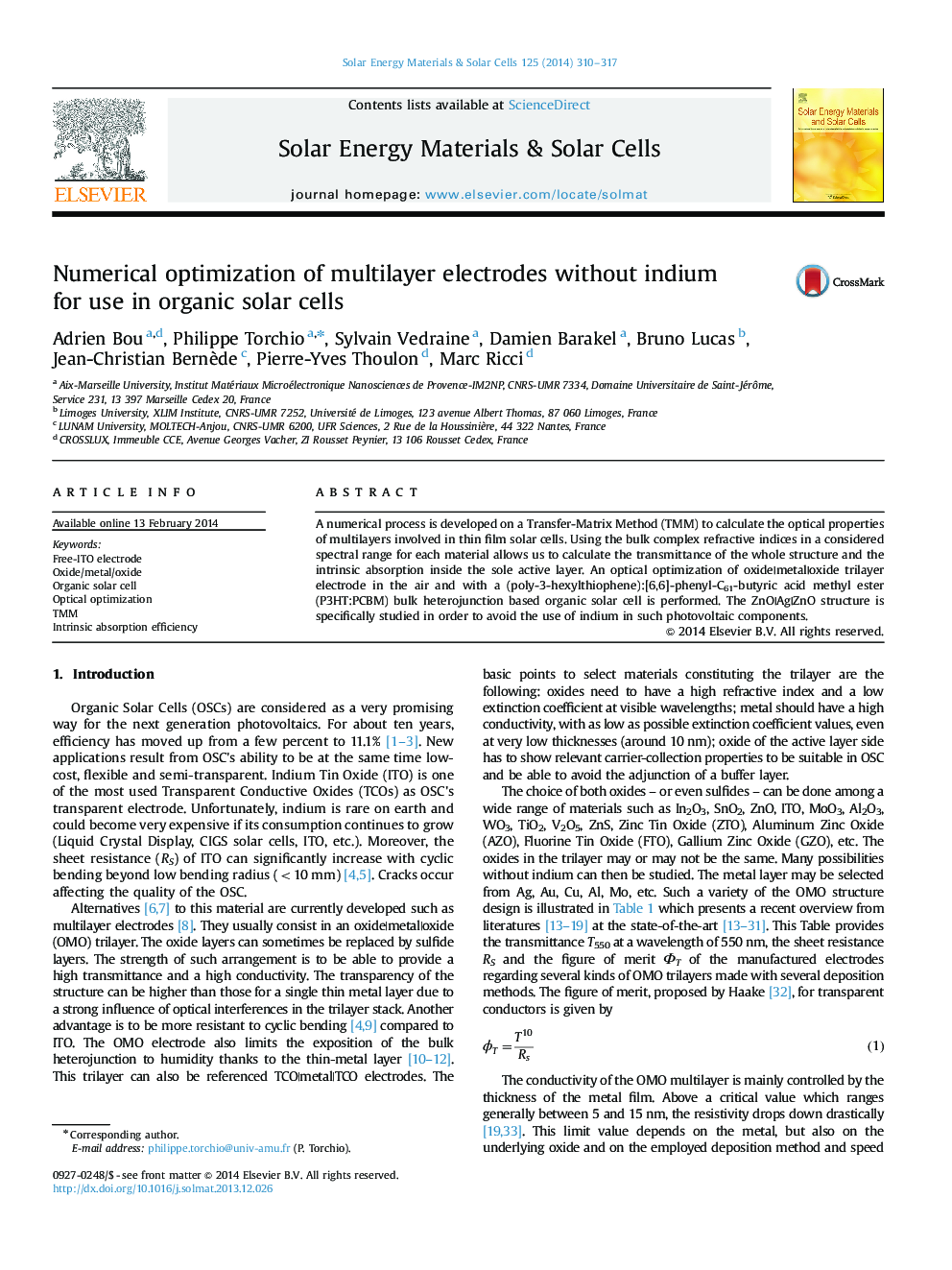 Numerical optimization of multilayer electrodes without indium for use in organic solar cells