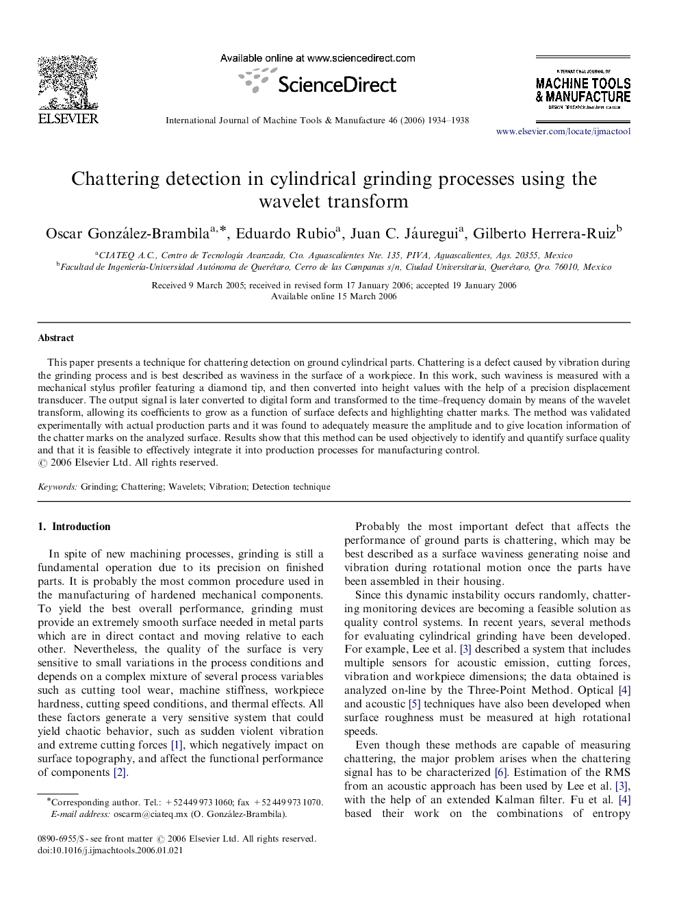 Chattering detection in cylindrical grinding processes using the wavelet transform