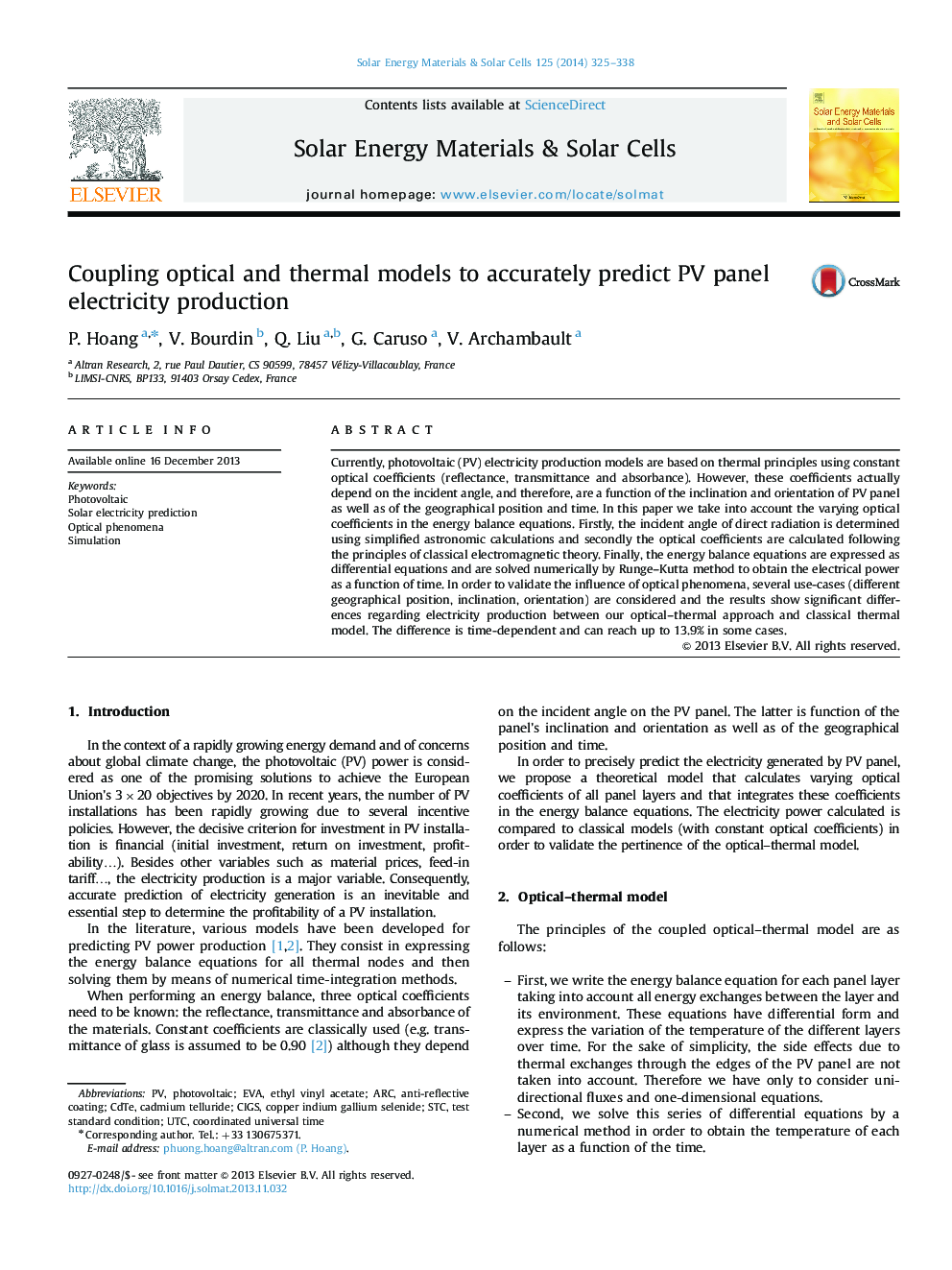 Coupling optical and thermal models to accurately predict PV panel electricity production