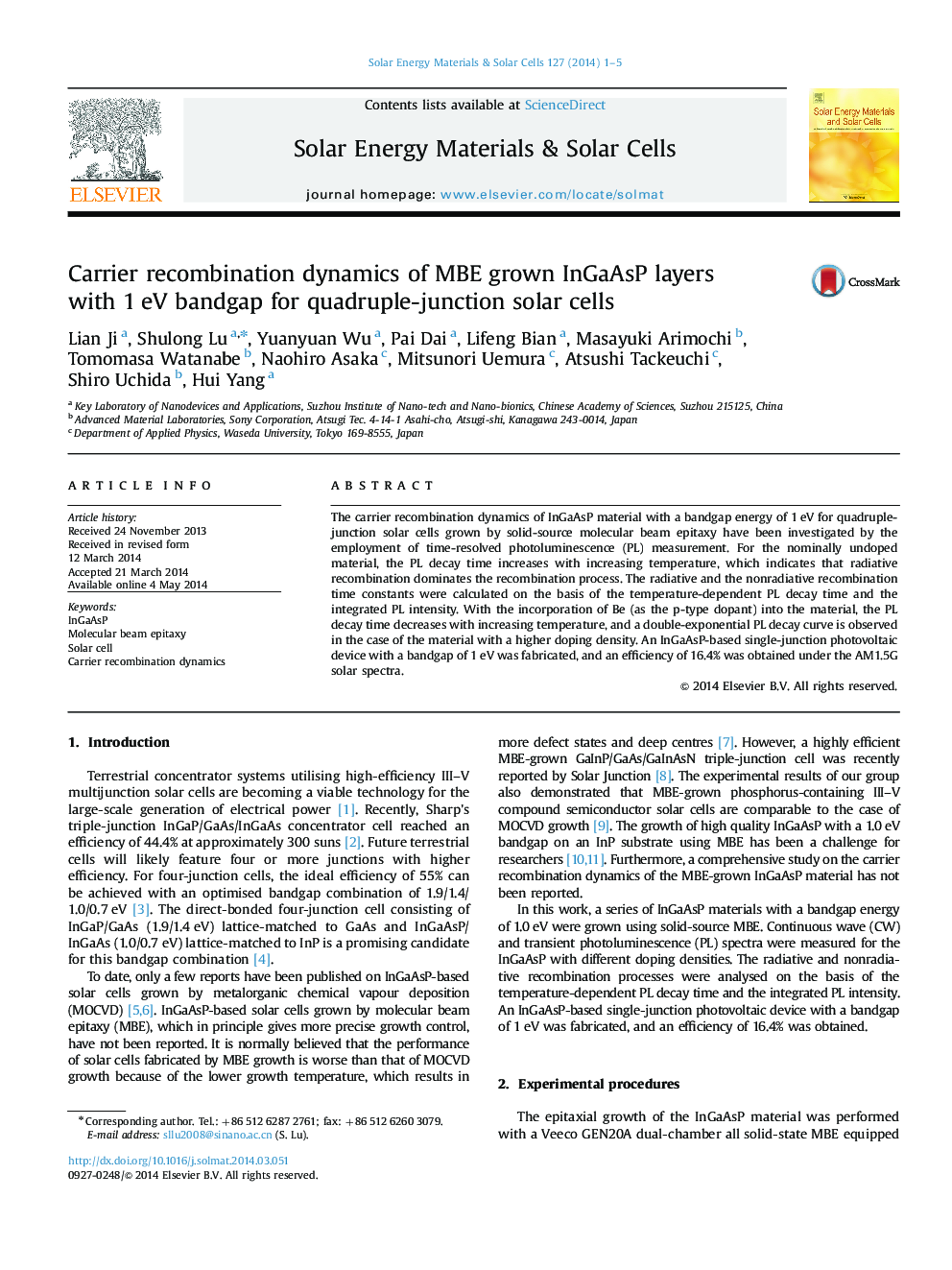 Carrier recombination dynamics of MBE grown InGaAsP layers with 1 eV bandgap for quadruple-junction solar cells