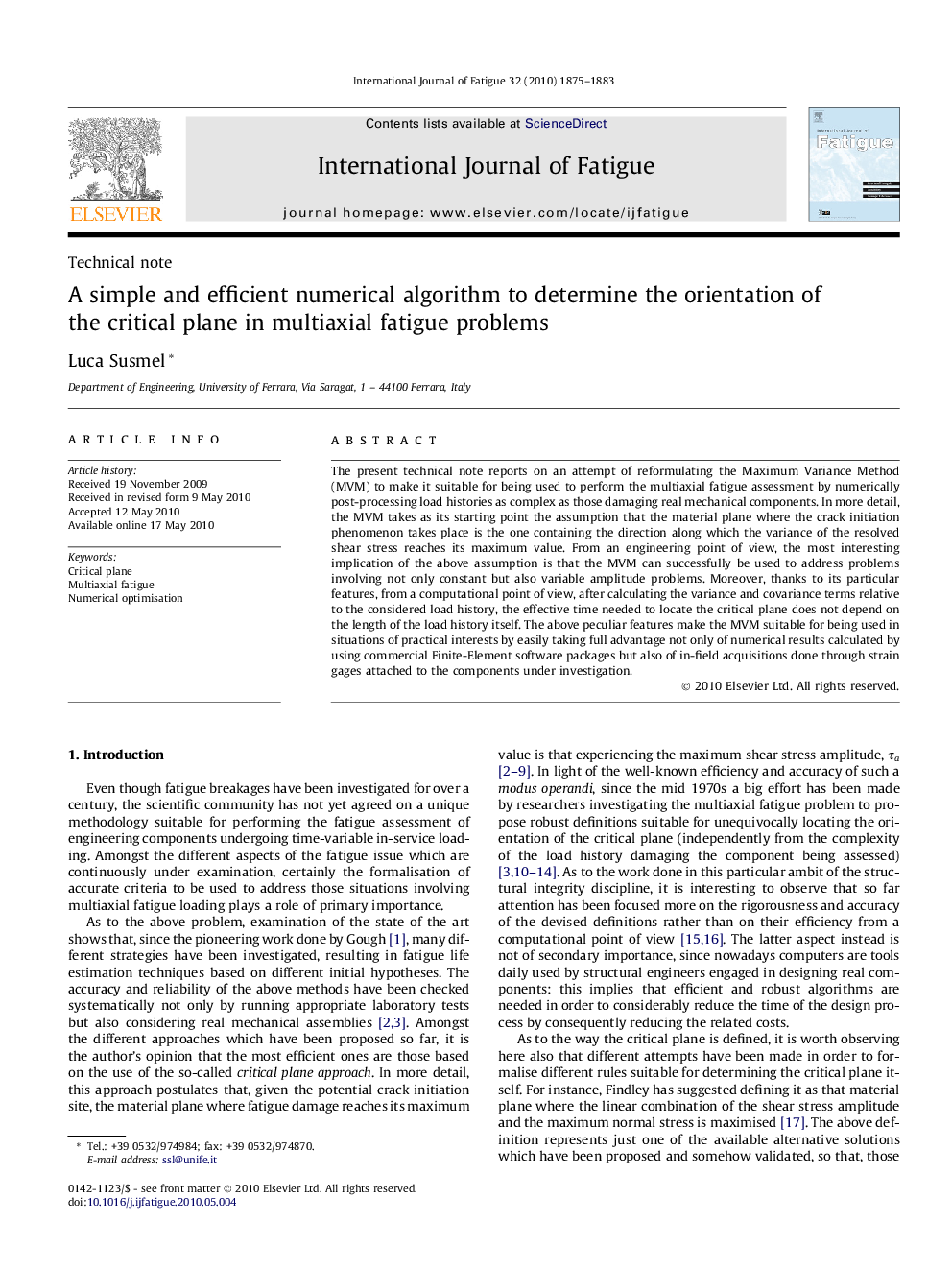 A simple and efficient numerical algorithm to determine the orientation of the critical plane in multiaxial fatigue problems