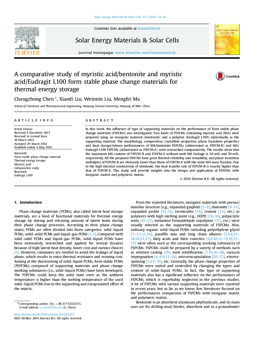 A comparative study of myristic acid/bentonite and myristic acid/Eudragit L100 form stable phase change materials for thermal energy storage
