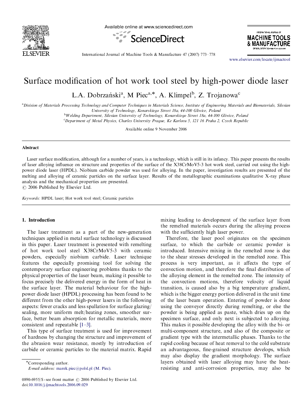 Surface modification of hot work tool steel by high-power diode laser