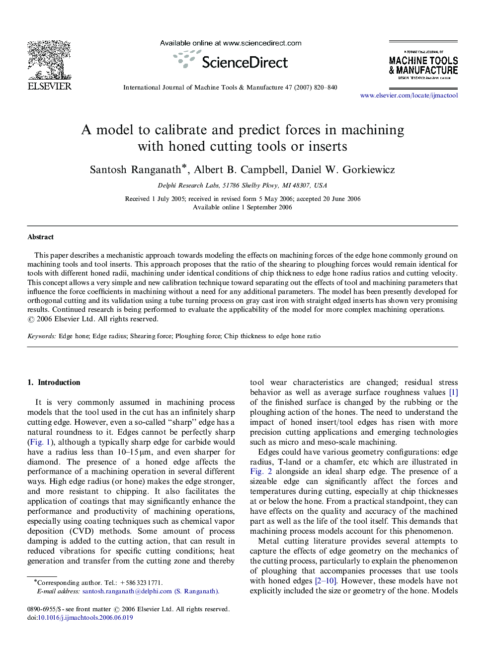 A model to calibrate and predict forces in machining with honed cutting tools or inserts