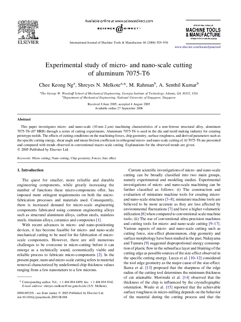 Experimental study of micro- and nano-scale cutting of aluminum 7075-T6