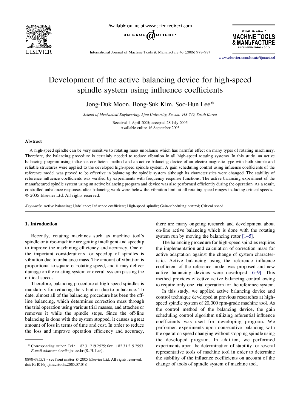 Development of the active balancing device for high-speed spindle system using influence coefficients