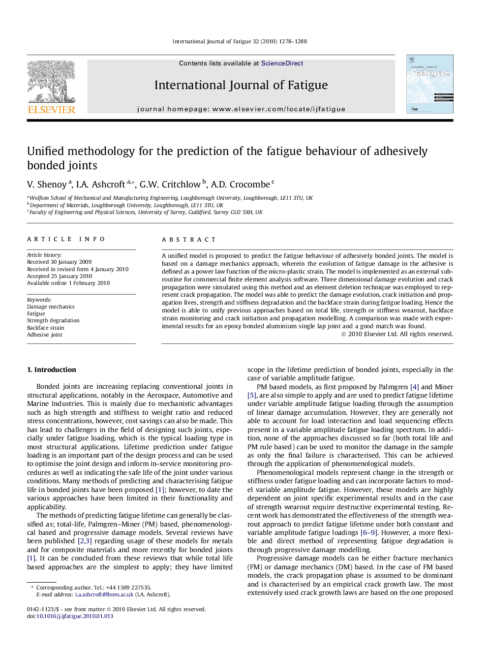 Unified methodology for the prediction of the fatigue behaviour of adhesively bonded joints