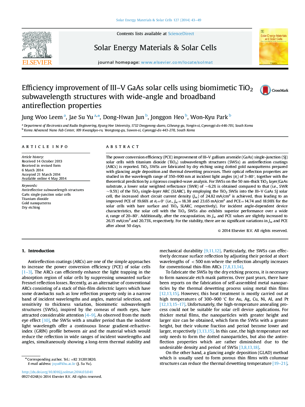 Efficiency improvement of III–V GaAs solar cells using biomimetic TiO2 subwavelength structures with wide-angle and broadband antireflection properties