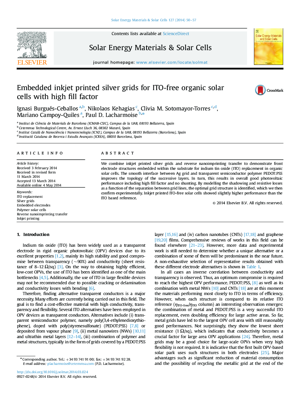 Embedded inkjet printed silver grids for ITO-free organic solar cells with high fill factor