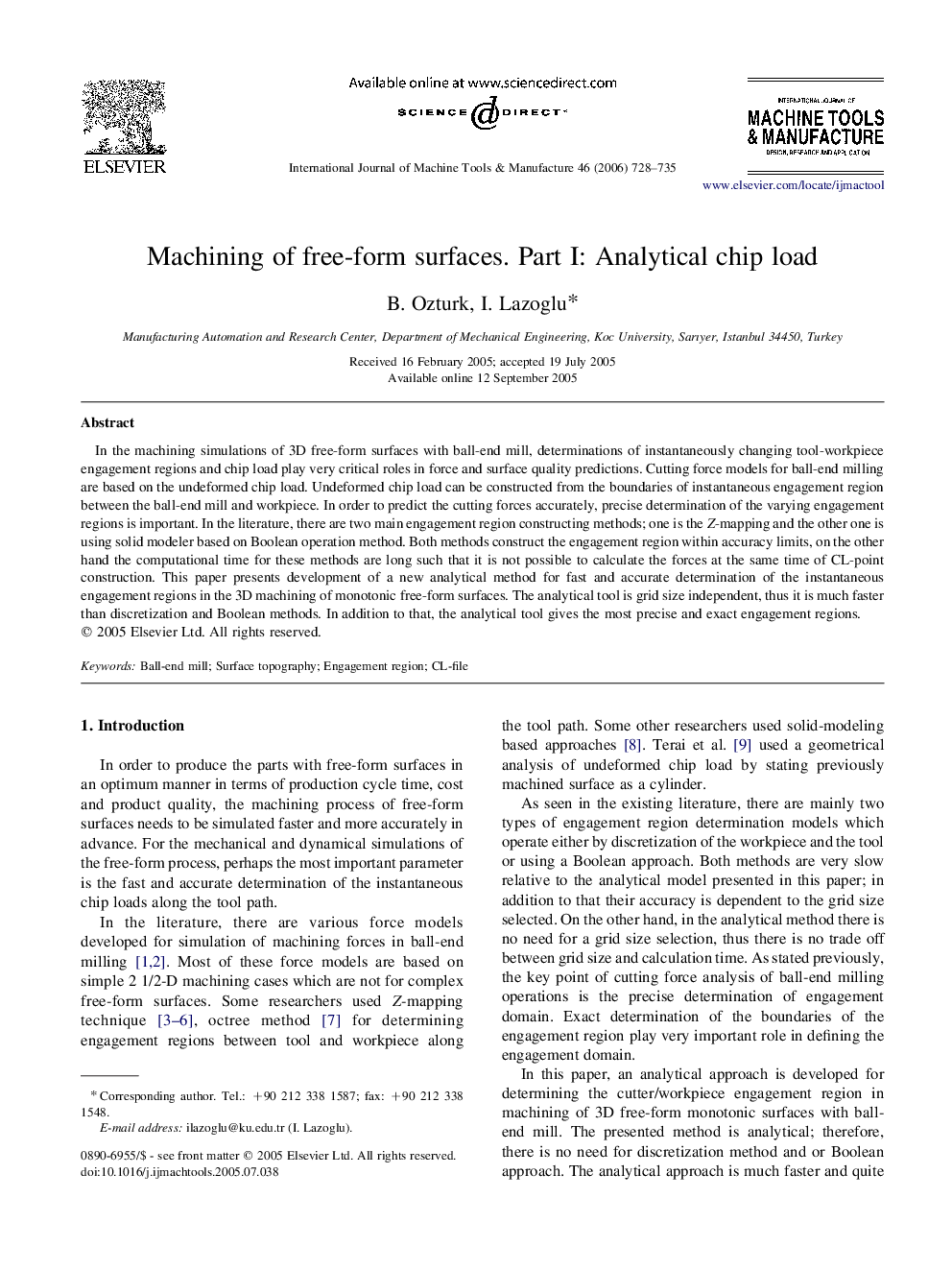 Machining of free-form surfaces. Part I: Analytical chip load