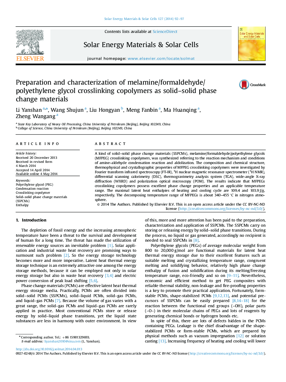 Preparation and characterization of melamine/formaldehyde/polyethylene glycol crosslinking copolymers as solid–solid phase change materials