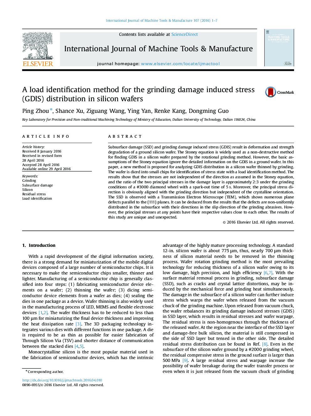 A load identification method for the grinding damage induced stress (GDIS) distribution in silicon wafers