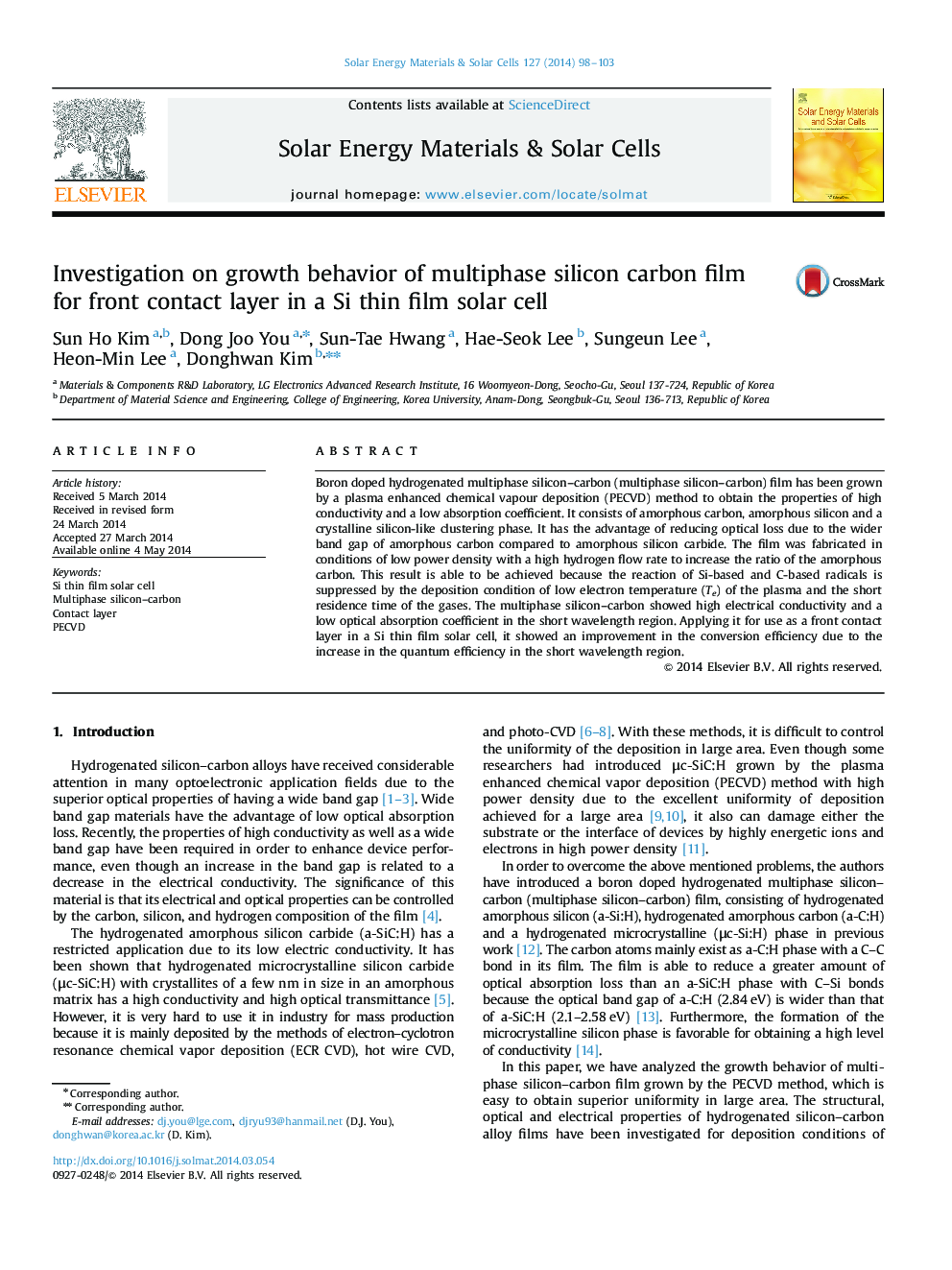 Investigation on growth behavior of multiphase silicon carbon film for front contact layer in a Si thin film solar cell