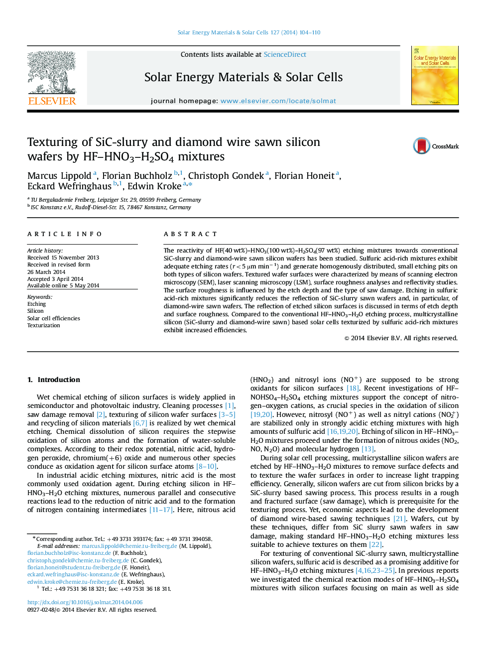 Texturing of SiC-slurry and diamond wire sawn silicon wafers by HF–HNO3–H2SO4 mixtures