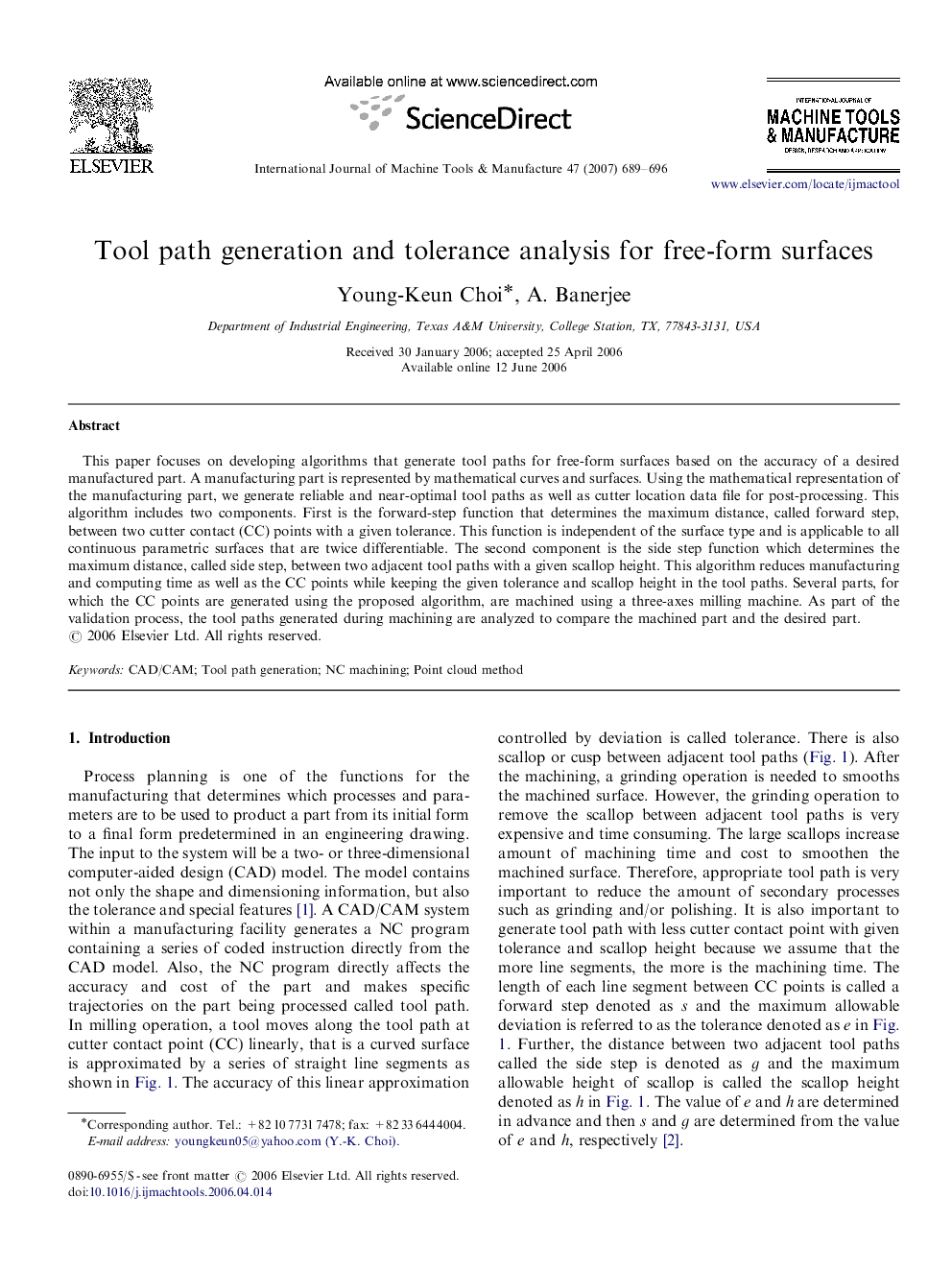 Tool path generation and tolerance analysis for free-form surfaces