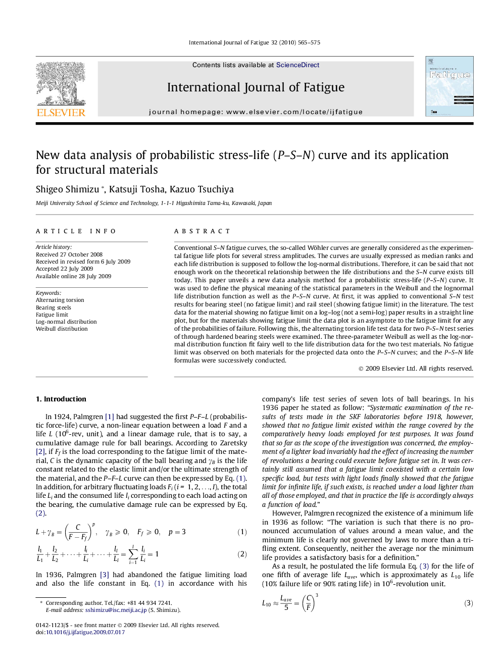 New data analysis of probabilistic stress-life (P–S–N) curve and its application for structural materials