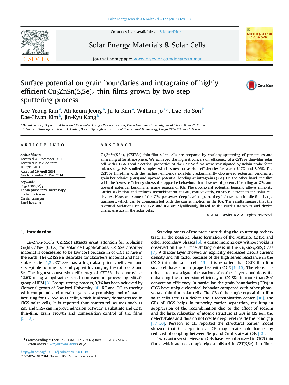 Surface potential on grain boundaries and intragrains of highly efficient Cu2ZnSn(S,Se)4 thin-films grown by two-step sputtering process