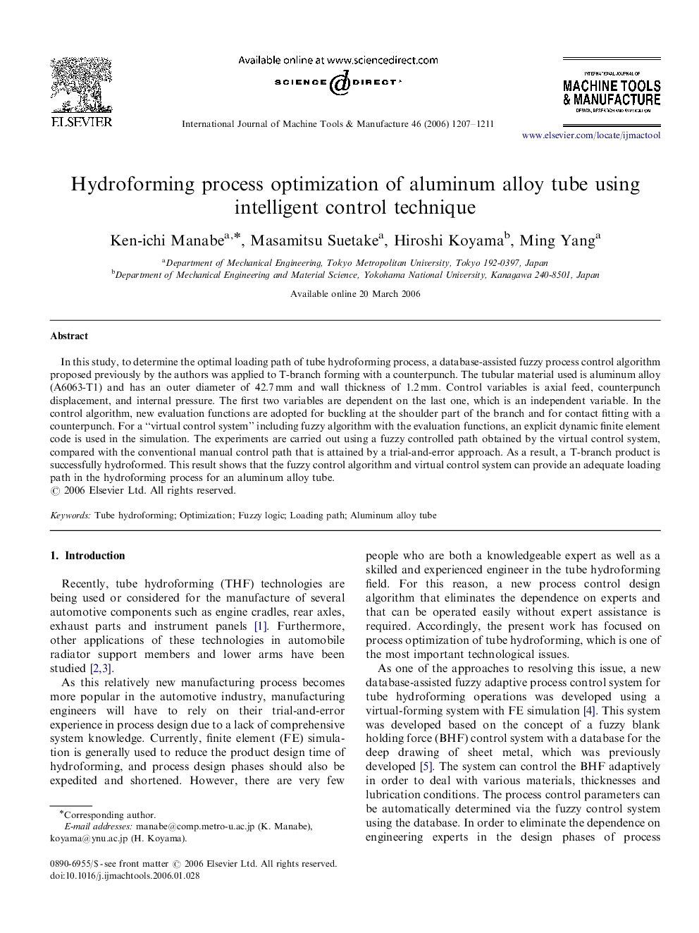 Hydroforming process optimization of aluminum alloy tube using intelligent control technique