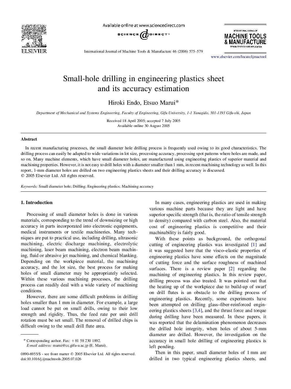 عکس صفحه اول مقاله: Small-hole drilling in engineering plastics sheet and its accuracy estimation Small-hole drilling in engineering plastics sheet and its accuracy estimation