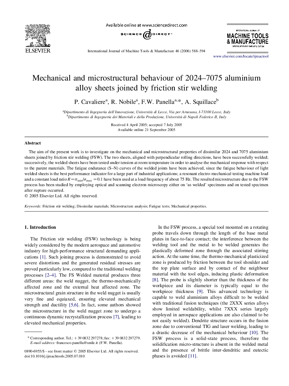 Mechanical and microstructural behaviour of 2024–7075 aluminium alloy sheets joined by friction stir welding