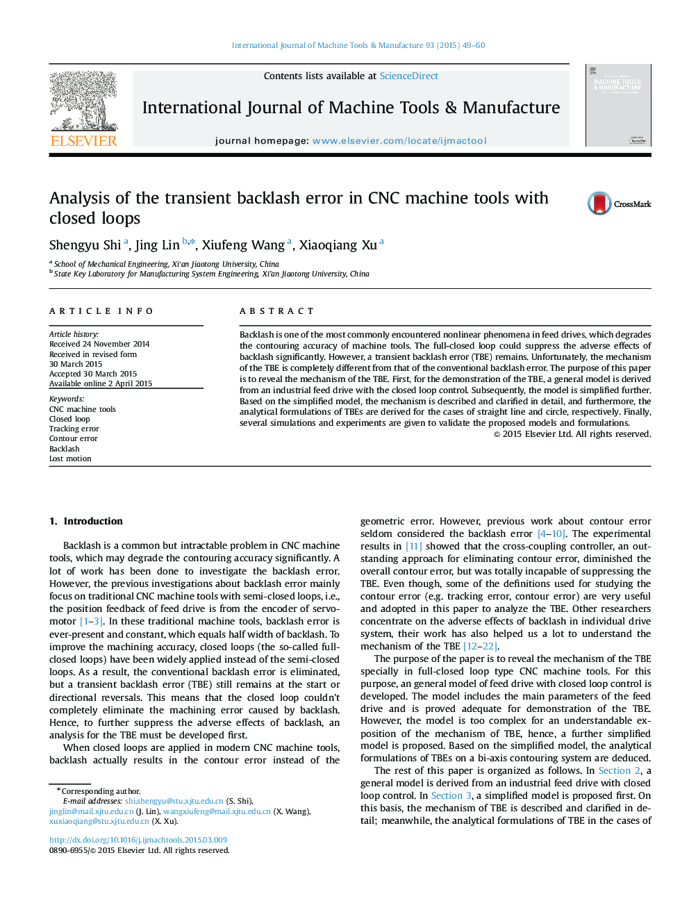 Analysis of the transient backlash error in CNC machine tools with closed loops