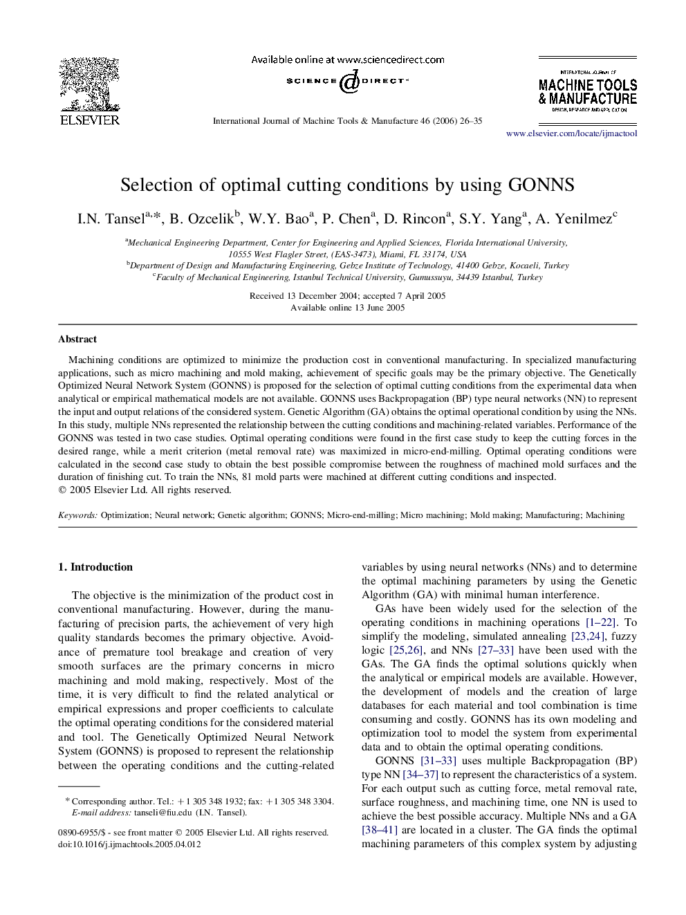 Selection of optimal cutting conditions by using GONNS