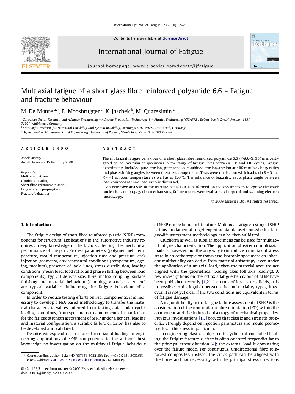 Multiaxial fatigue of a short glass fibre reinforced polyamide 6.6 – Fatigue and fracture behaviour