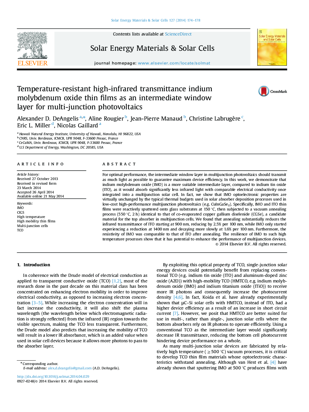 Temperature-resistant high-infrared transmittance indium molybdenum oxide thin films as an intermediate window layer for multi-junction photovoltaics