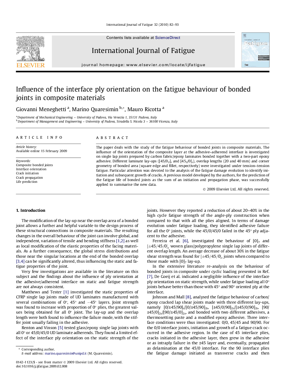 Influence of the interface ply orientation on the fatigue behaviour of bonded joints in composite materials