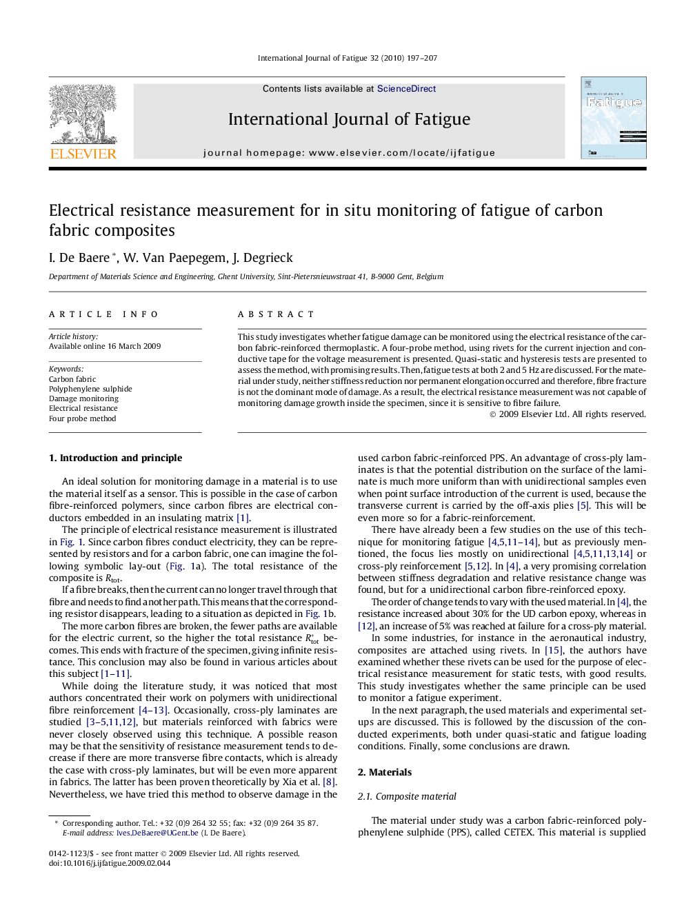 Electrical resistance measurement for in situ monitoring of fatigue of carbon fabric composites