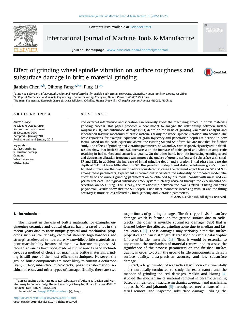 Effect of grinding wheel spindle vibration on surface roughness and subsurface damage in brittle material grinding