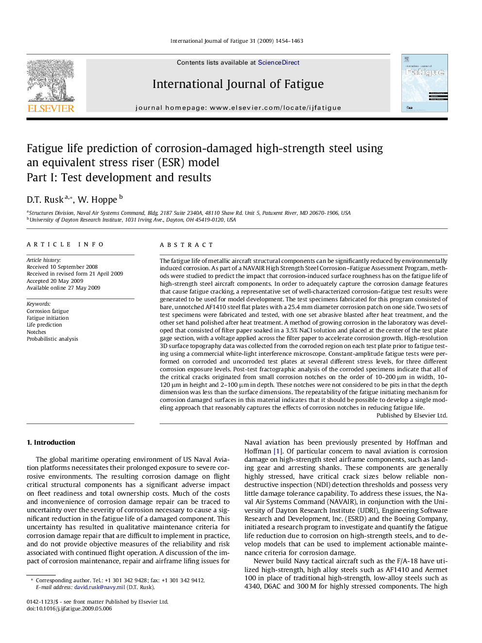 Fatigue life prediction of corrosion-damaged high-strength steel using an equivalent stress riser (ESR) model: Part I: Test development and results