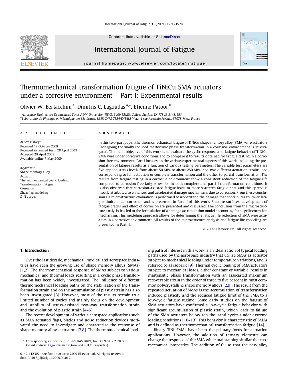 Thermomechanical transformation fatigue of TiNiCu SMA actuators under a corrosive environment – Part I: Experimental results