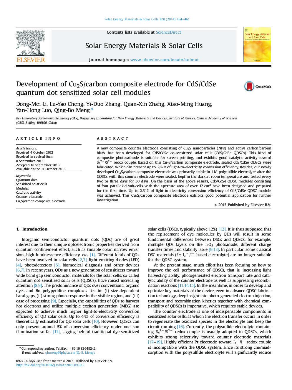 Development of Cu2S/carbon composite electrode for CdS/CdSe quantum dot sensitized solar cell modules