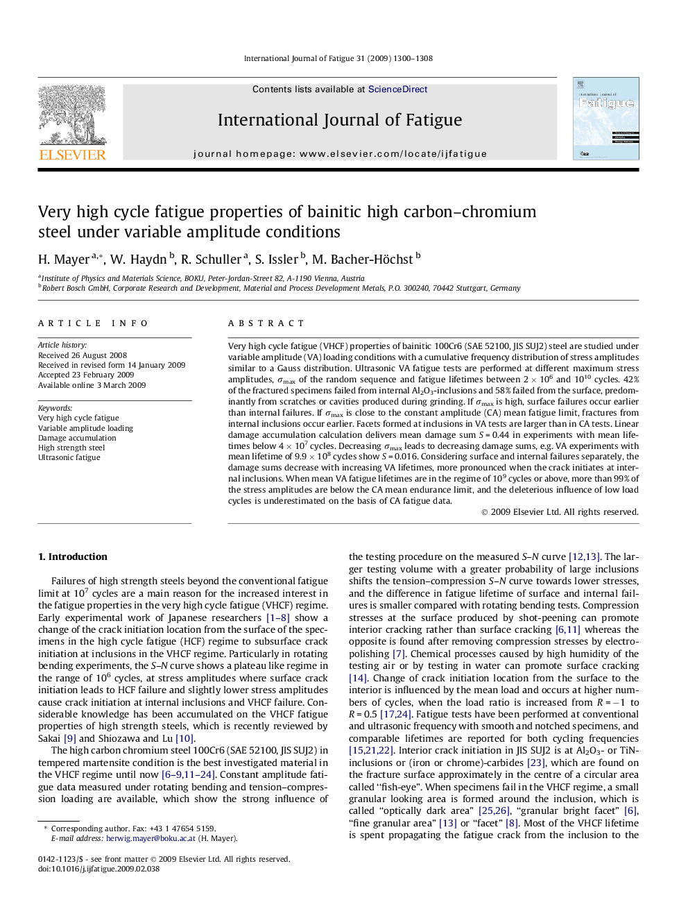 Very high cycle fatigue properties of bainitic high carbon–chromium steel under variable amplitude conditions