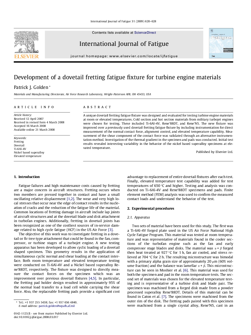 Development of a dovetail fretting fatigue fixture for turbine engine materials