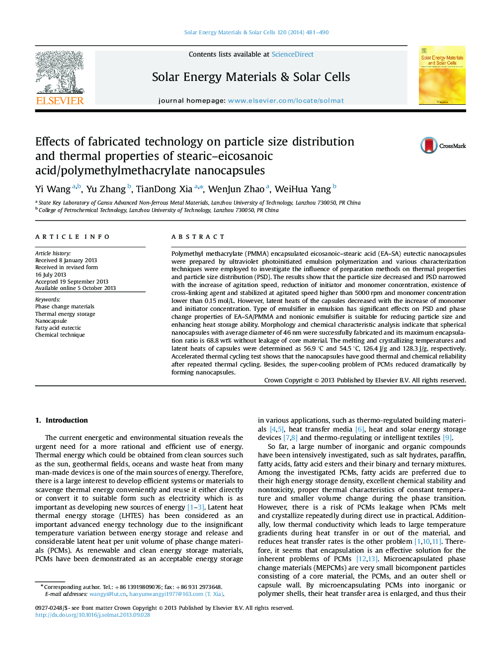 Effects of fabricated technology on particle size distribution and thermal properties of stearic–eicosanoic acid/polymethylmethacrylate nanocapsules