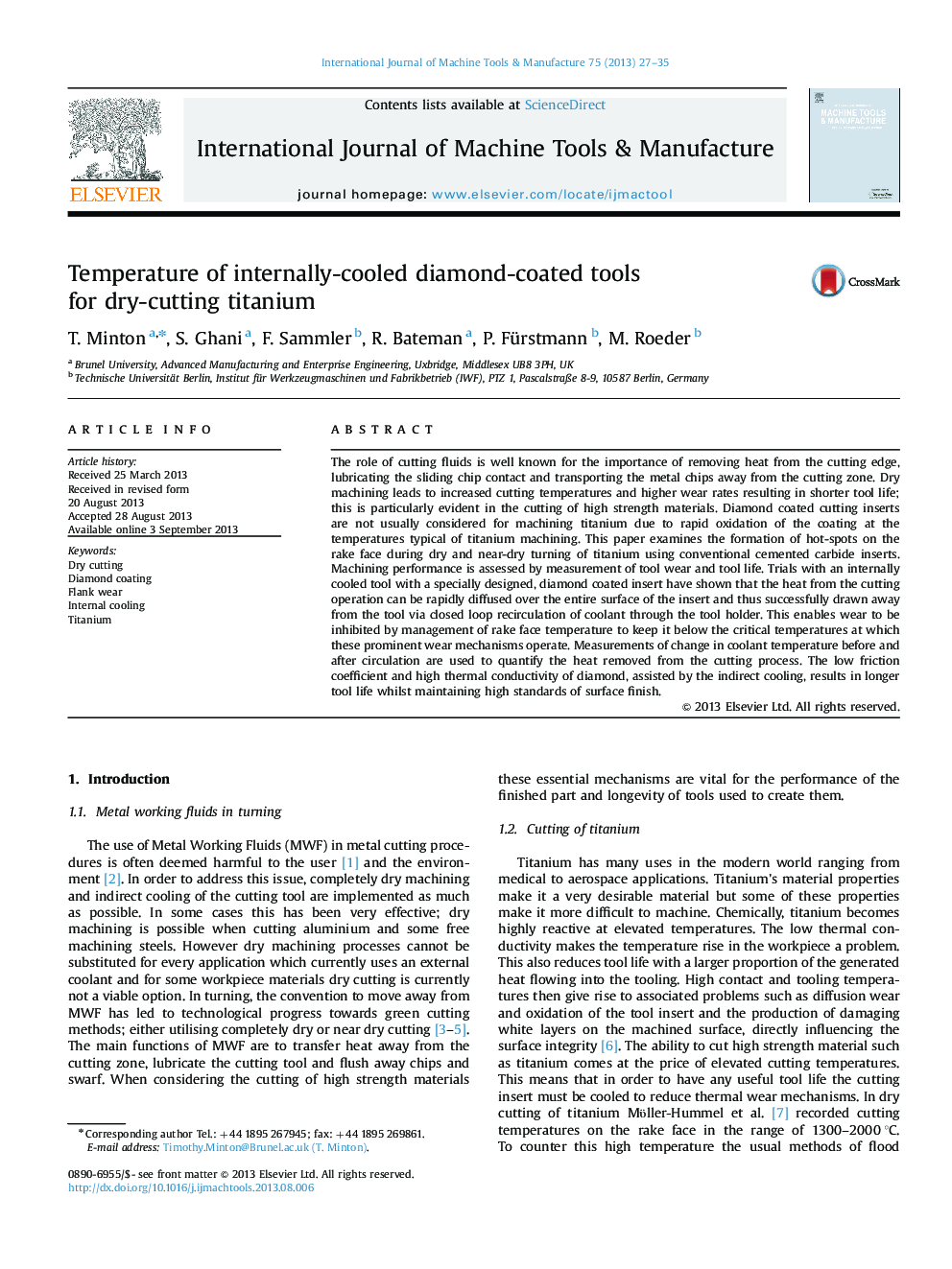 Temperature of internally-cooled diamond-coated tools for dry-cutting titanium