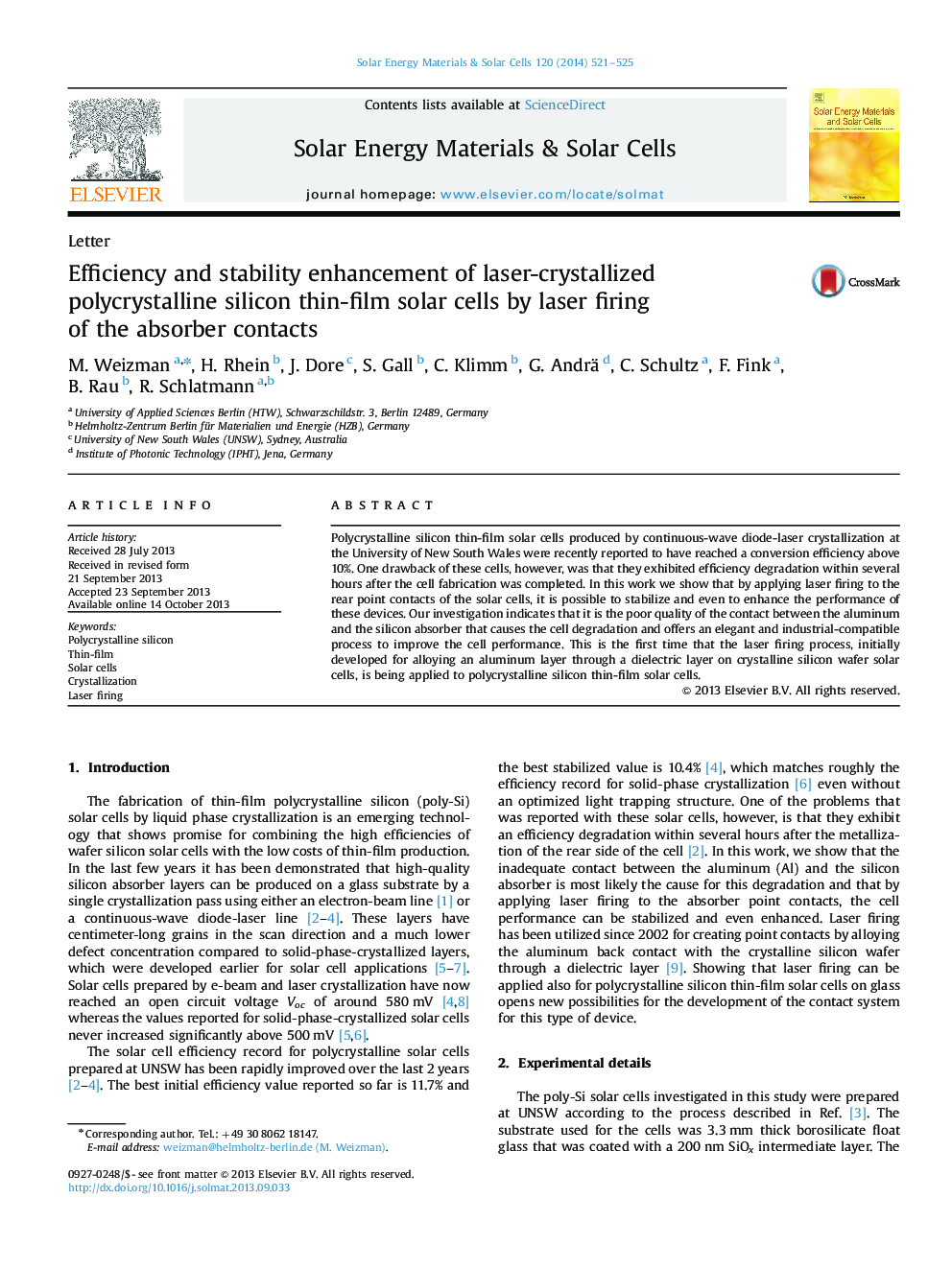 Efficiency and stability enhancement of laser-crystallized polycrystalline silicon thin-film solar cells by laser firing of the absorber contacts