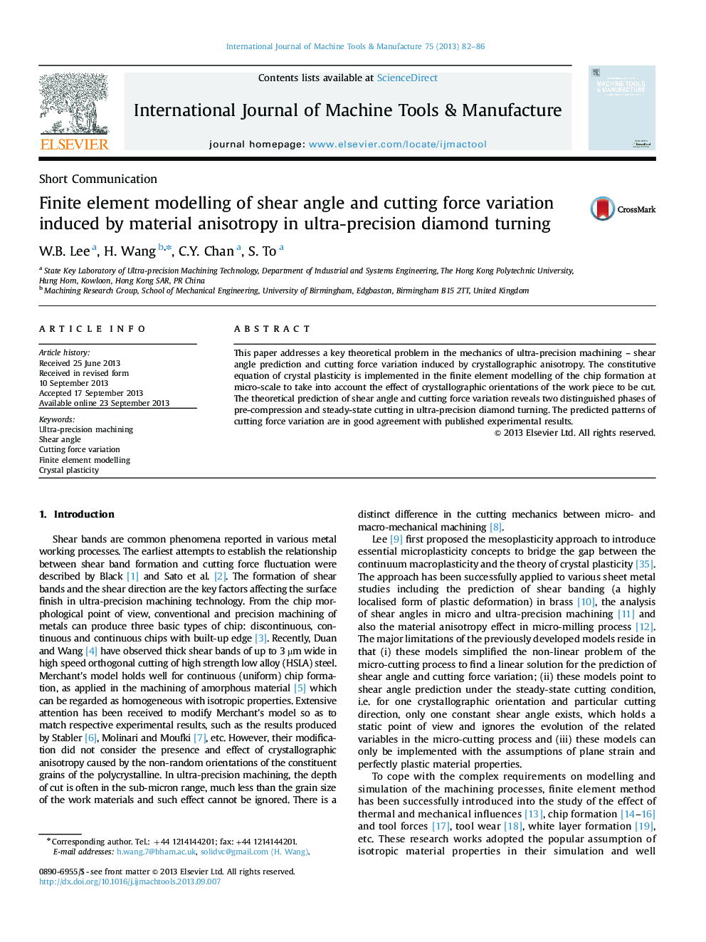 Finite element modelling of shear angle and cutting force variation induced by material anisotropy in ultra-precision diamond turning