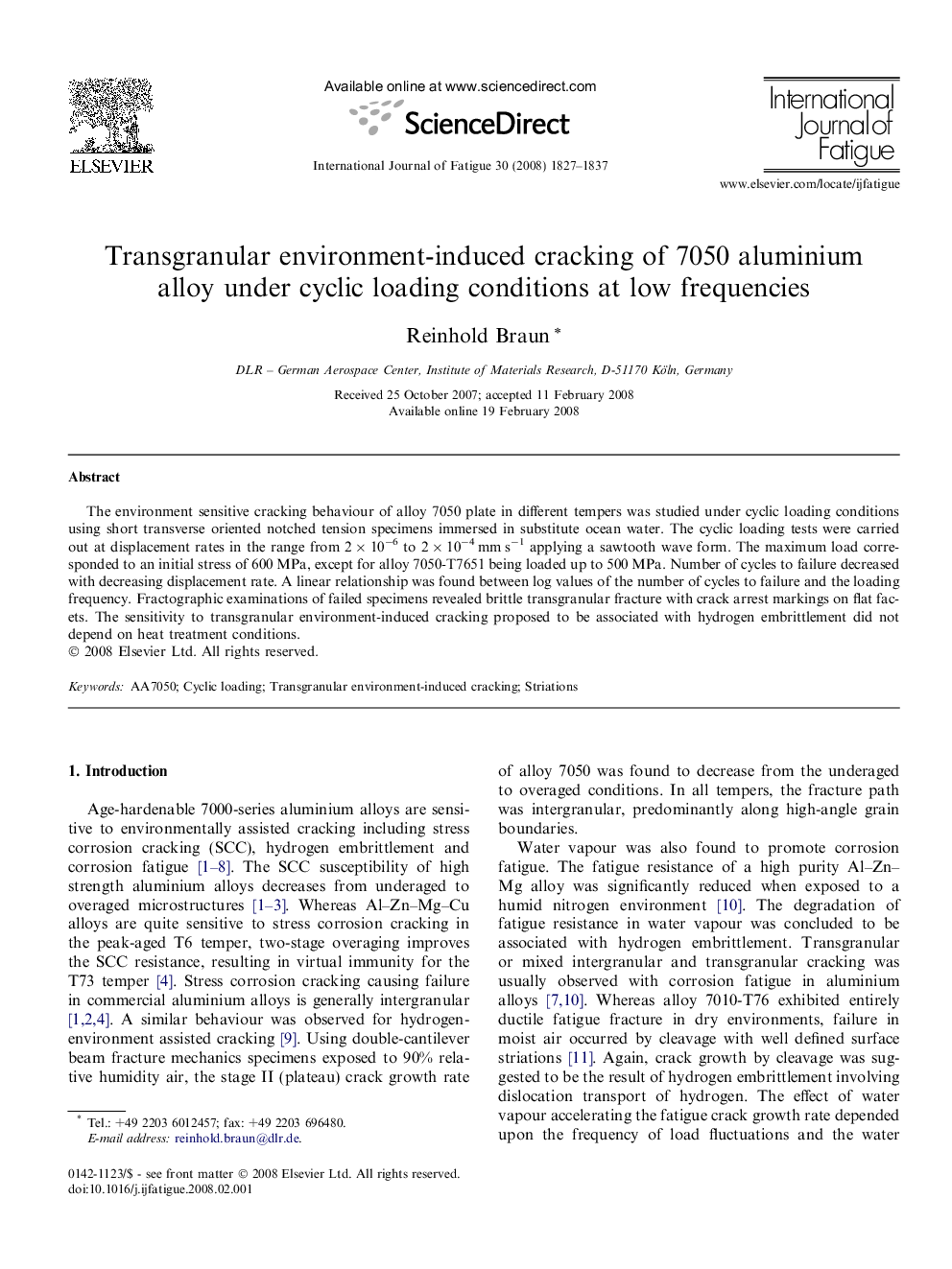 Transgranular environment-induced cracking of 7050 aluminium alloy under cyclic loading conditions at low frequencies