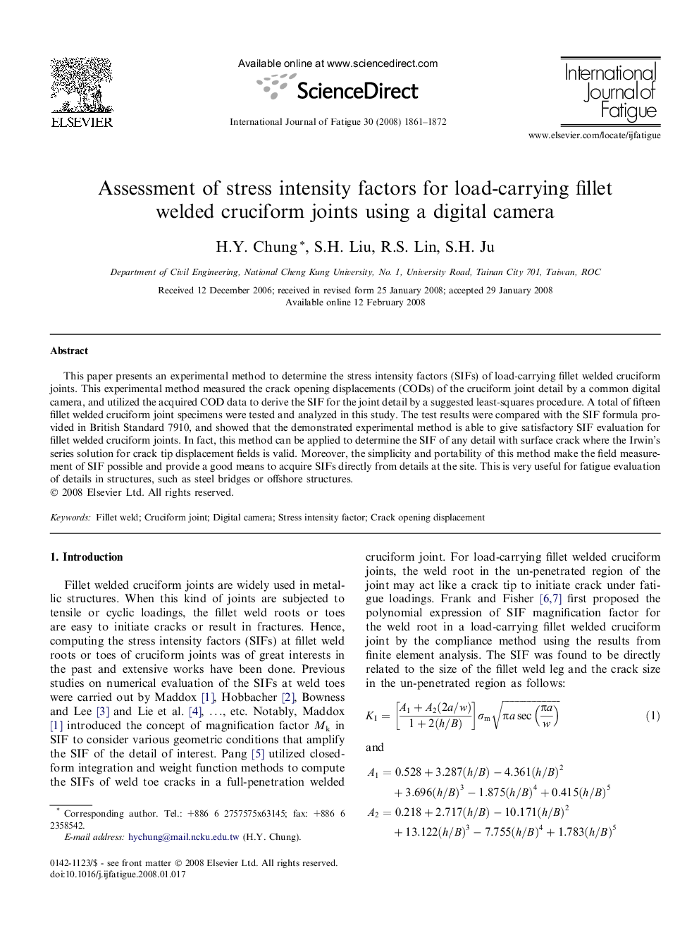 Assessment of stress intensity factors for load-carrying fillet welded cruciform joints using a digital camera