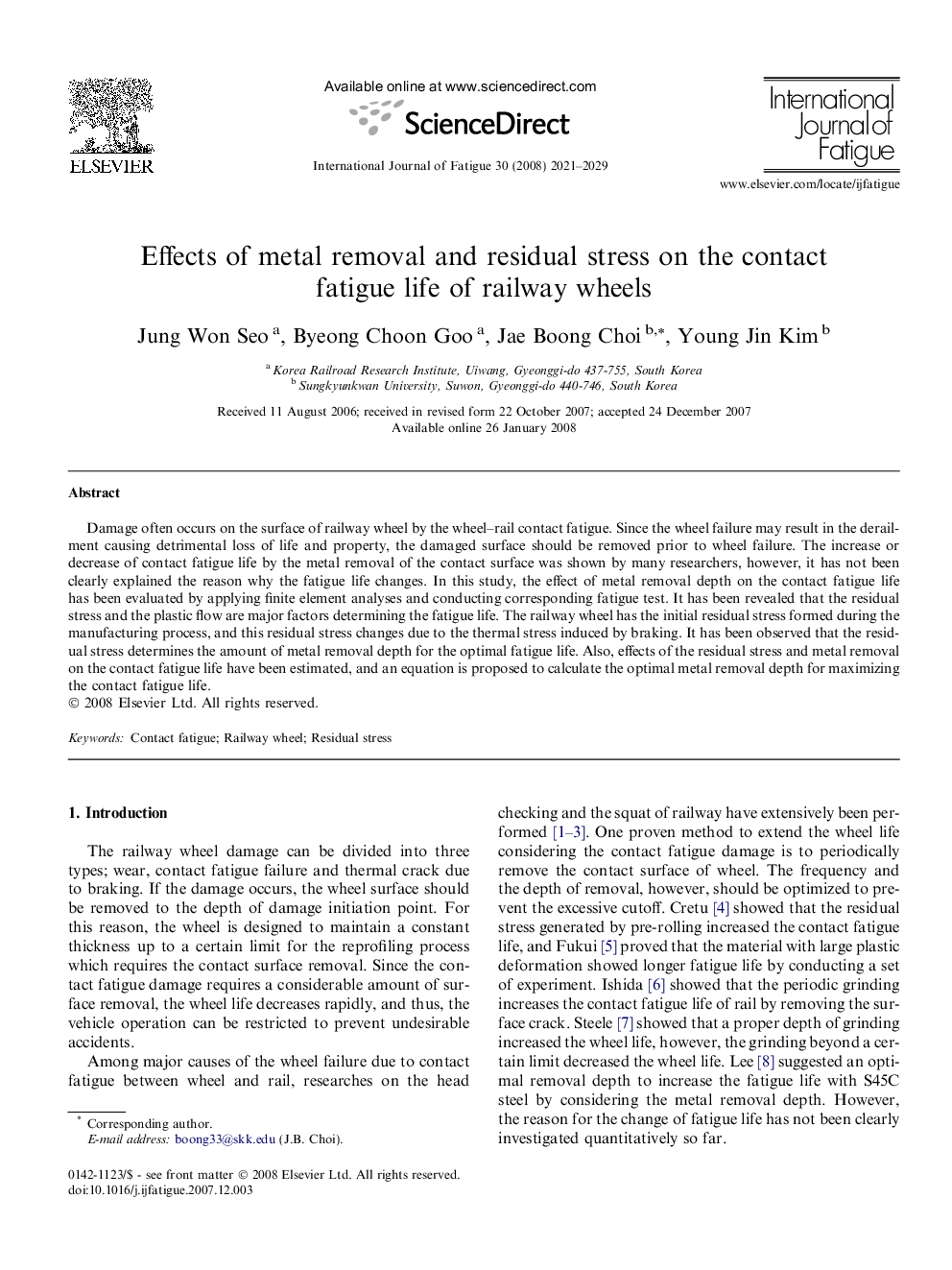 Effects of metal removal and residual stress on the contact fatigue life of railway wheels