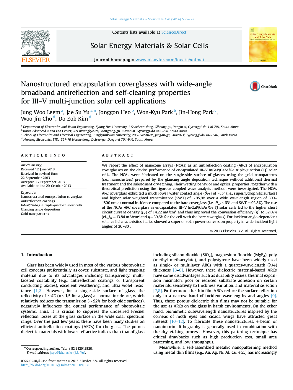 Nanostructured encapsulation coverglasses with wide-angle broadband antireflection and self-cleaning properties for III–V multi-junction solar cell applications