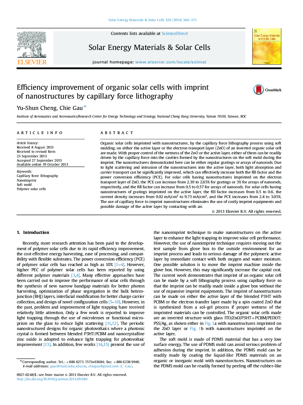 Efficiency improvement of organic solar cells with imprint of nanostructures by capillary force lithography